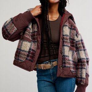 NWOT Free People We the Free Sana Quilted Plaid Fleece Bomber Jacket